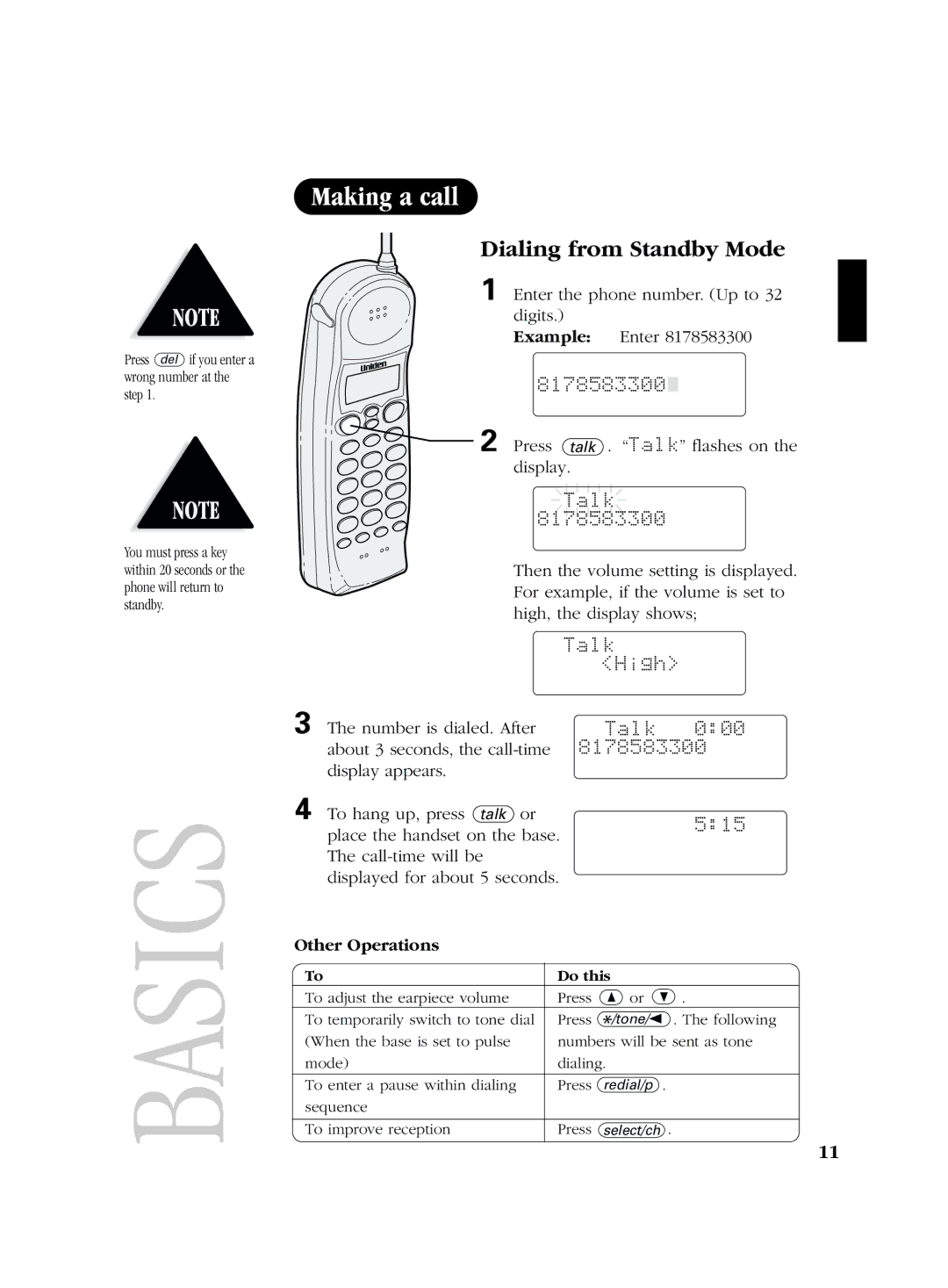 Uniden EXS 2080 manual Dialing from Standby Mode, Example, Other Operations 