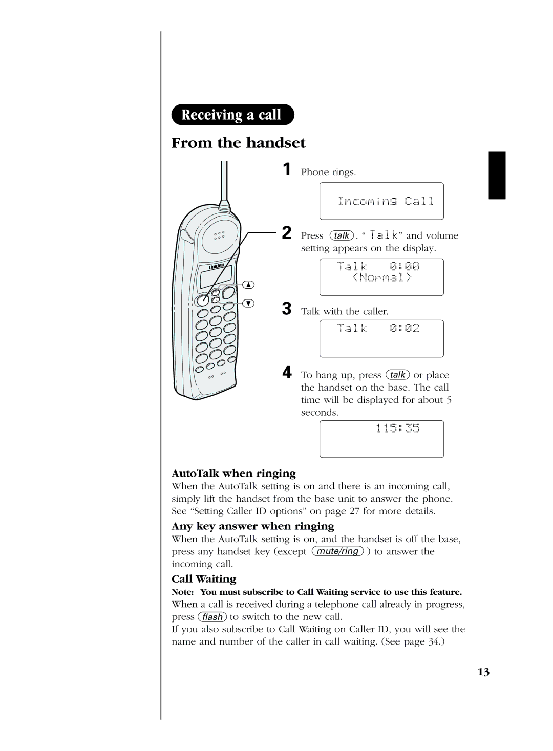 Uniden EXS 2080 manual From the handset, Incoming Call, Talk 000 Normal, 11535 