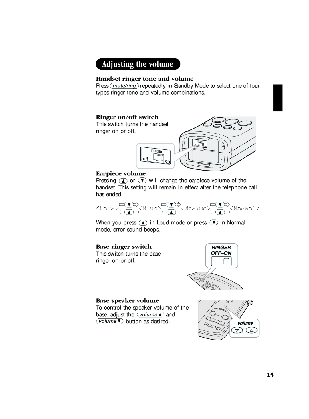 Uniden EXS 2080 manual Handset ringer tone and volume, This switch turns the handset ringer on or off 