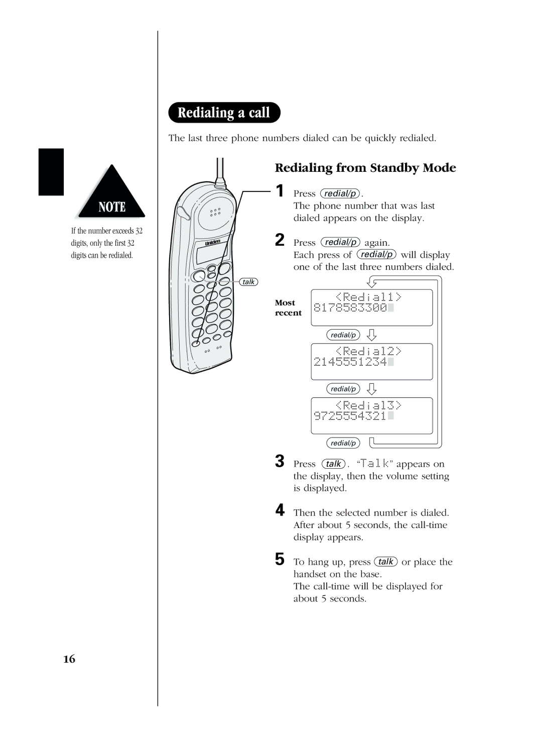 Uniden EXS 2080 manual Redialing from Standby Mode, Last three phone numbers dialed can be quickly redialed, Redial1 Recent 