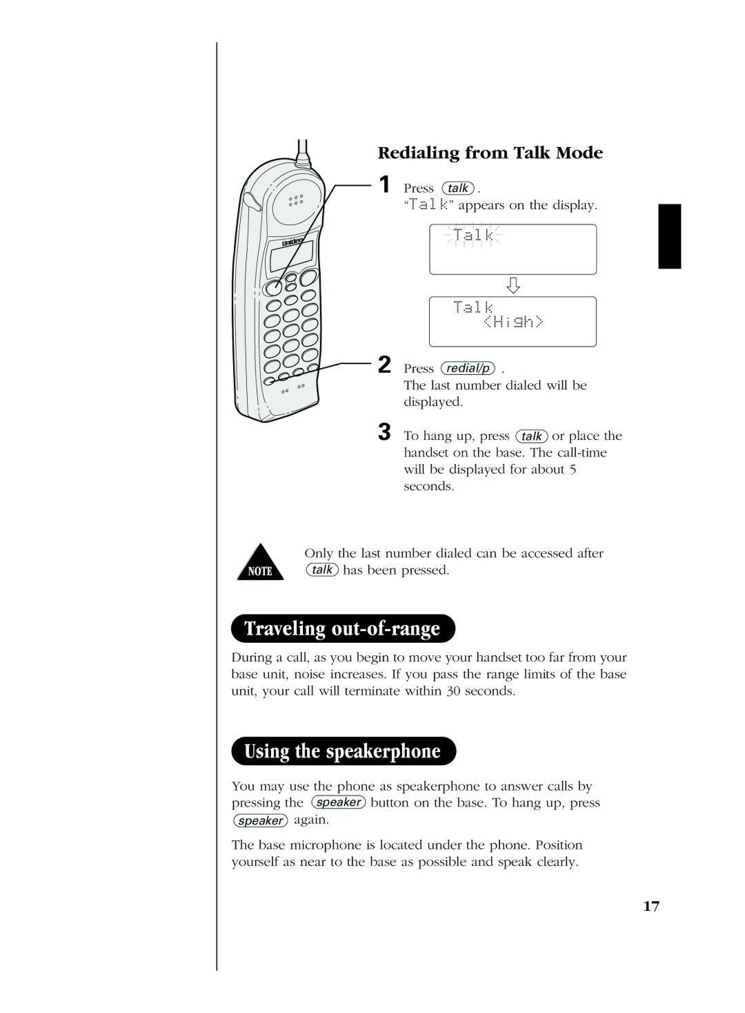 Uniden EXS 2080 manual Redialing from Talk Mode, Press talk Talk appears on the display, Talk Talk High 