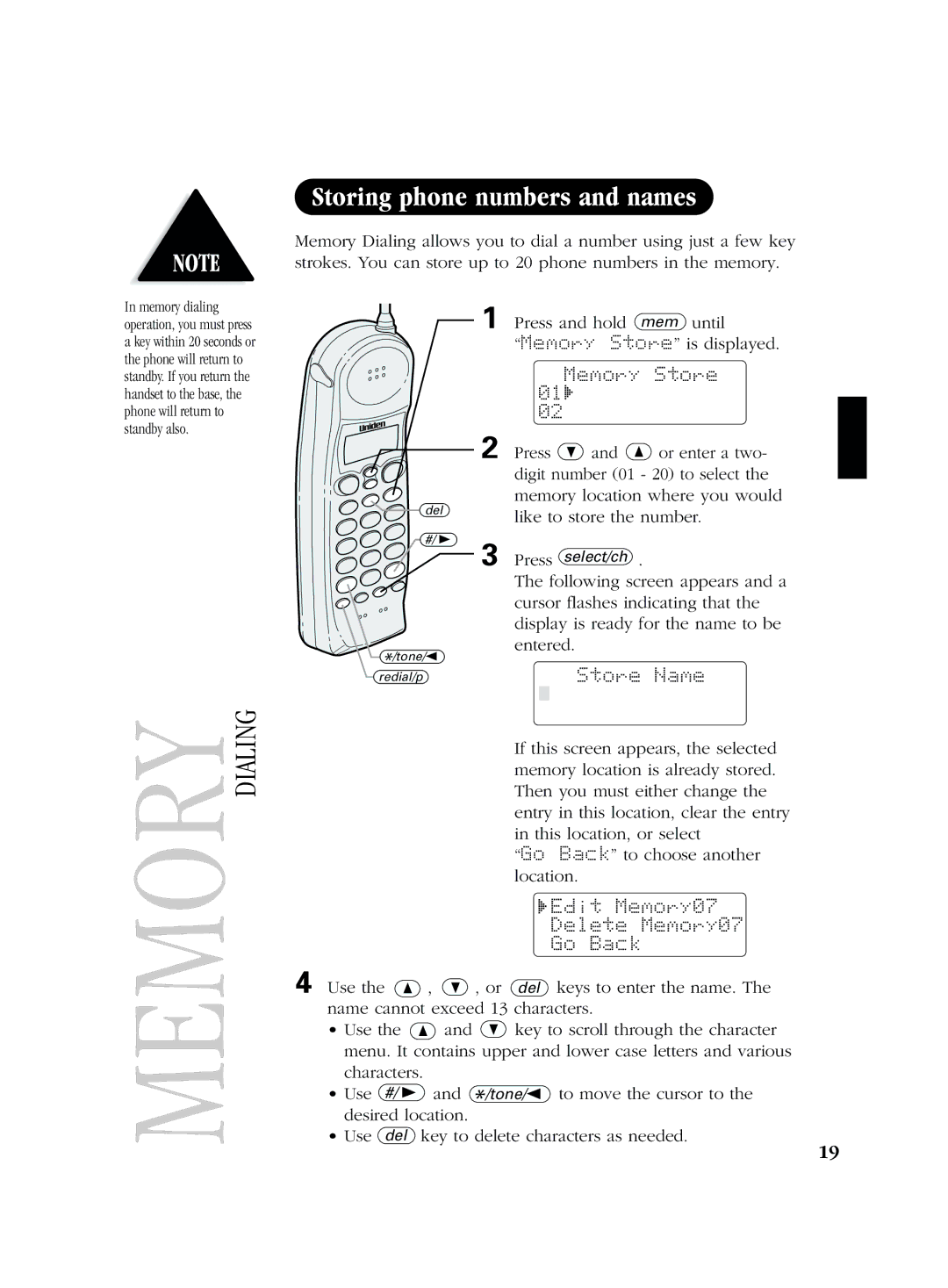 Uniden EXS 2080 manual Memory Store, Store Name, Edit Memory07, Delete Memory07, Go Back 