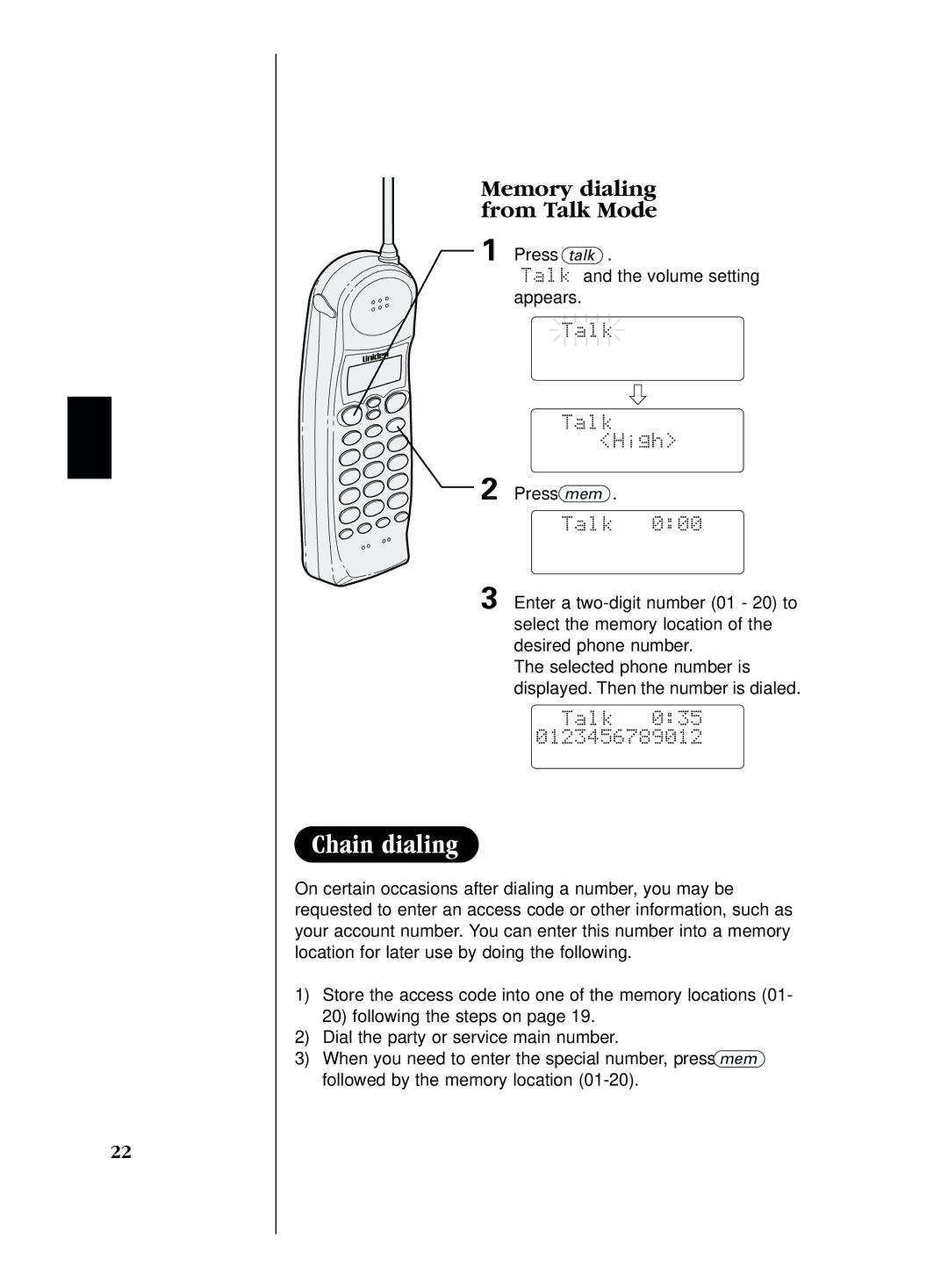 Uniden EXS 2080 manual Memory dialing from Talk Mode, Press talk Talk and the volume setting appears, Talk 035 