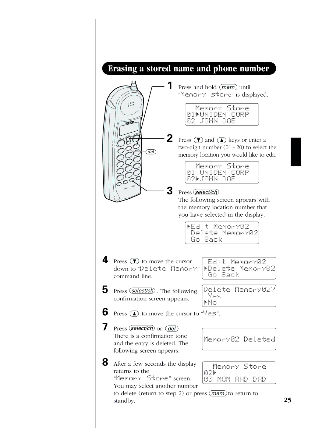 Uniden EXS 2080 manual Edit Memory02 Delete Memory02 Go Back, Down to Delete Memory Delete Memory02, Delete Memory02?, Yes 