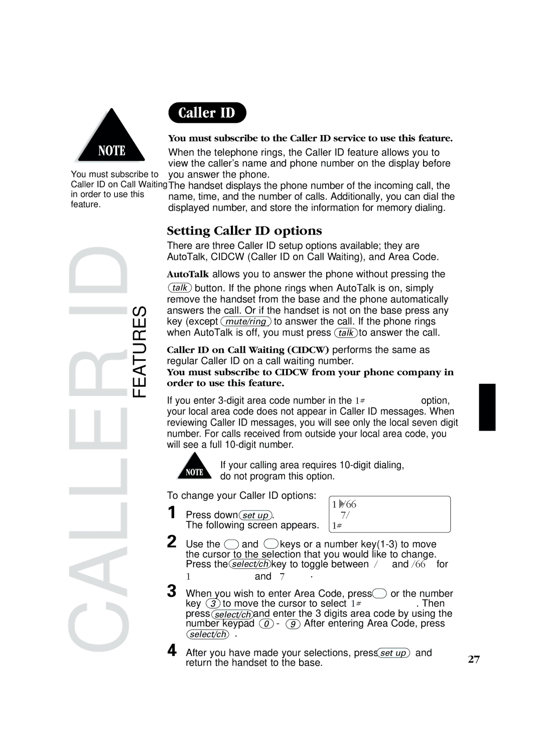 Uniden EXS 2080 manual Setting Caller ID options, Auto TalkOff, Area Code, Auto Talk and Cidcw 