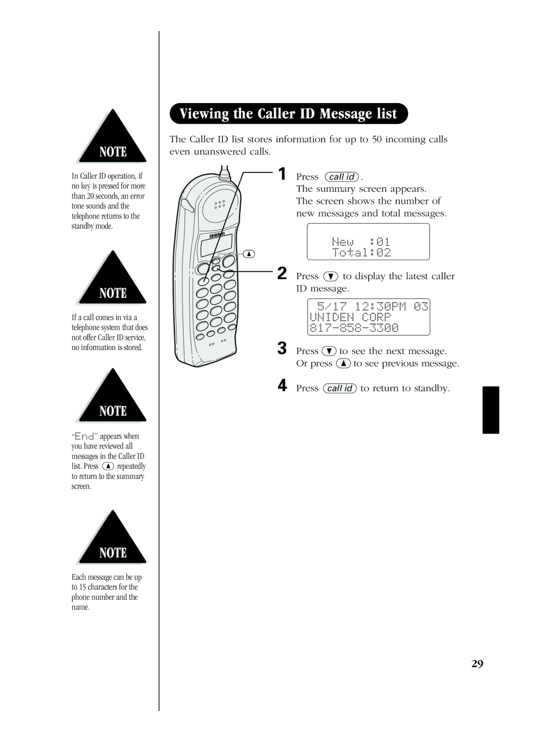 Uniden EXS 2080 manual New Total02, Press ª to display the latest caller ID message, 17 1230PM 