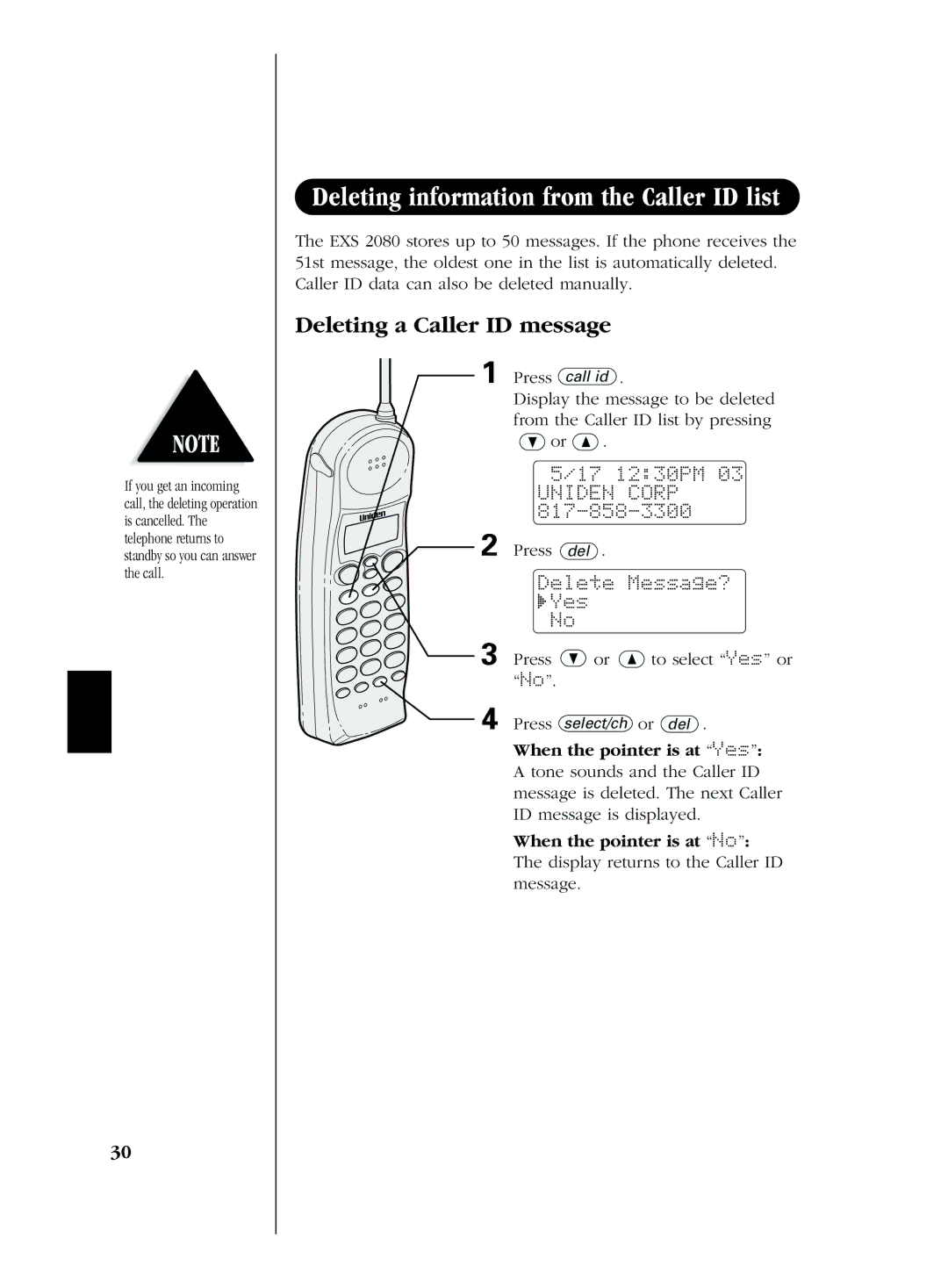 Uniden EXS 2080 manual Deleting a Caller ID message, Delete Message? Yes, When the pointer is at No 