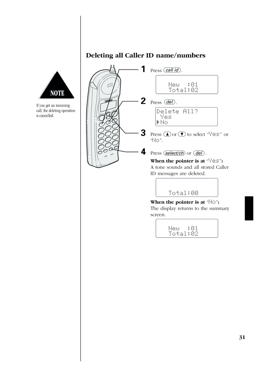 Uniden EXS 2080 manual Deleting all Caller ID name/numbers, Delete All? Yes, When the pointer is at Yes, Total00 