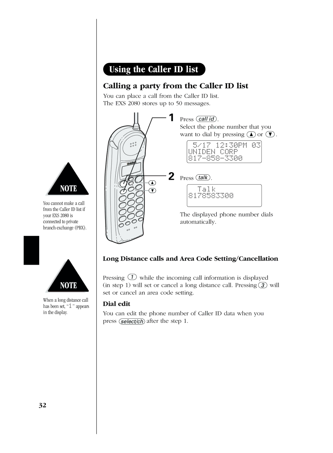 Uniden EXS 2080 Calling a party from the Caller ID list, Press talk, ªTalk, Displayed phone number dials automatically 