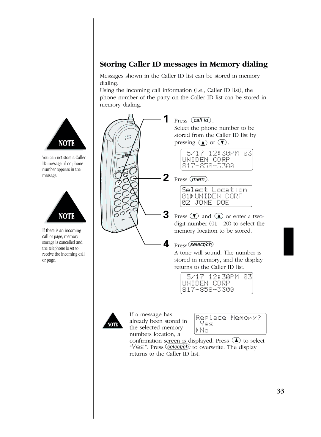 Uniden EXS 2080 manual Storing Caller ID messages in Memory dialing, 1230PM, Select Location 