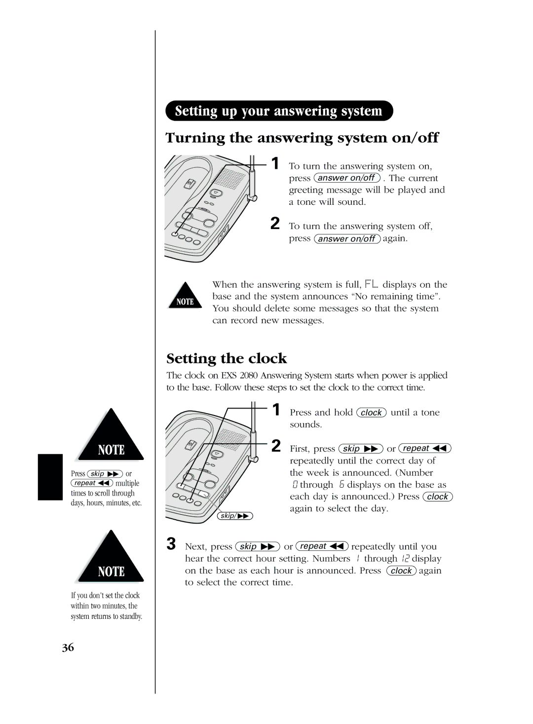 Uniden EXS 2080 manual Turning the answering system on/off, Press and hold clock Until a tone Sounds First, press skip 