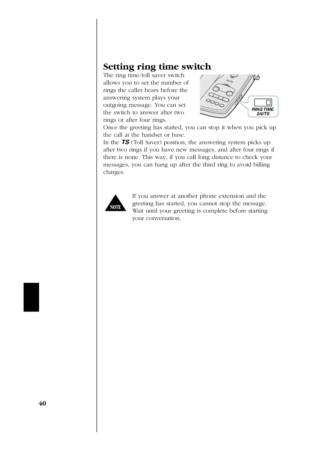 Uniden EXS 2080 manual Setting ring time switch 