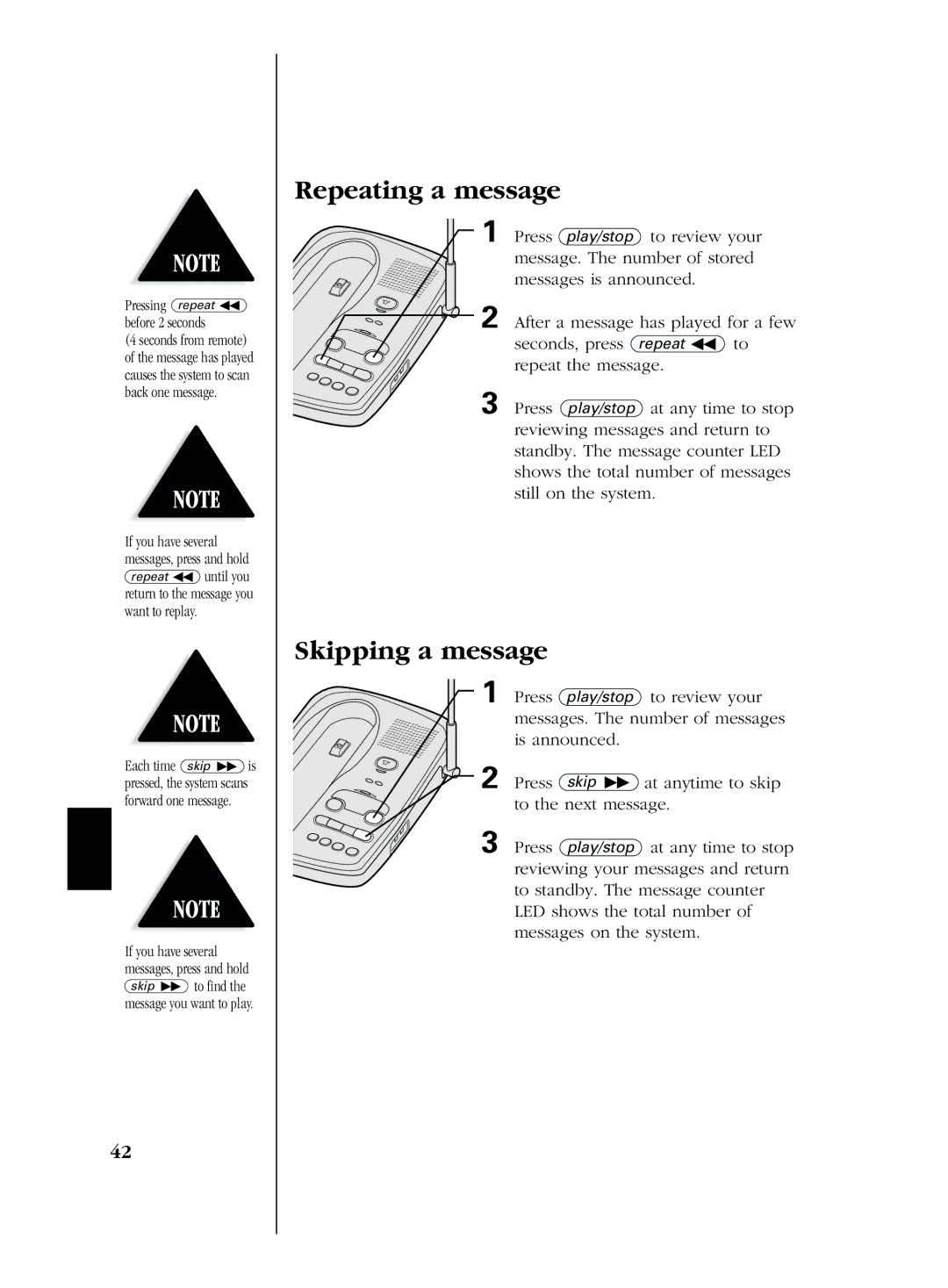 Uniden EXS 2080 manual Repeating a message, Skipping a message 