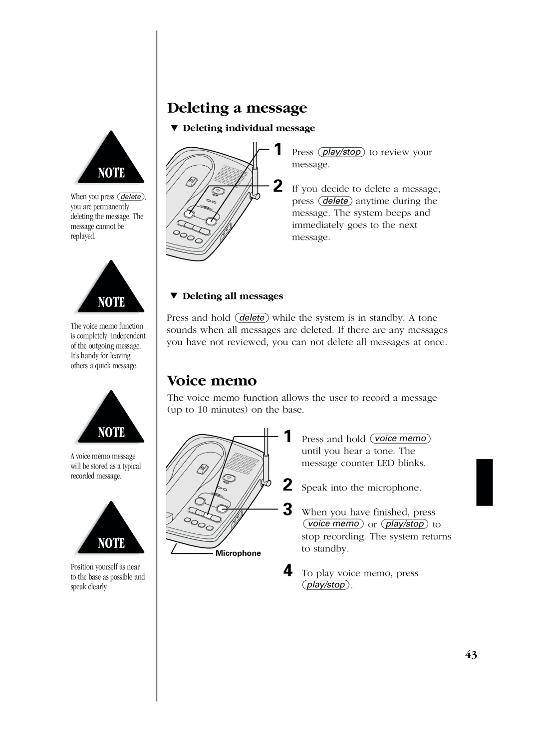 Uniden EXS 2080 manual Deleting a message, Voice memo, Deleting individual message, Deleting all messages 