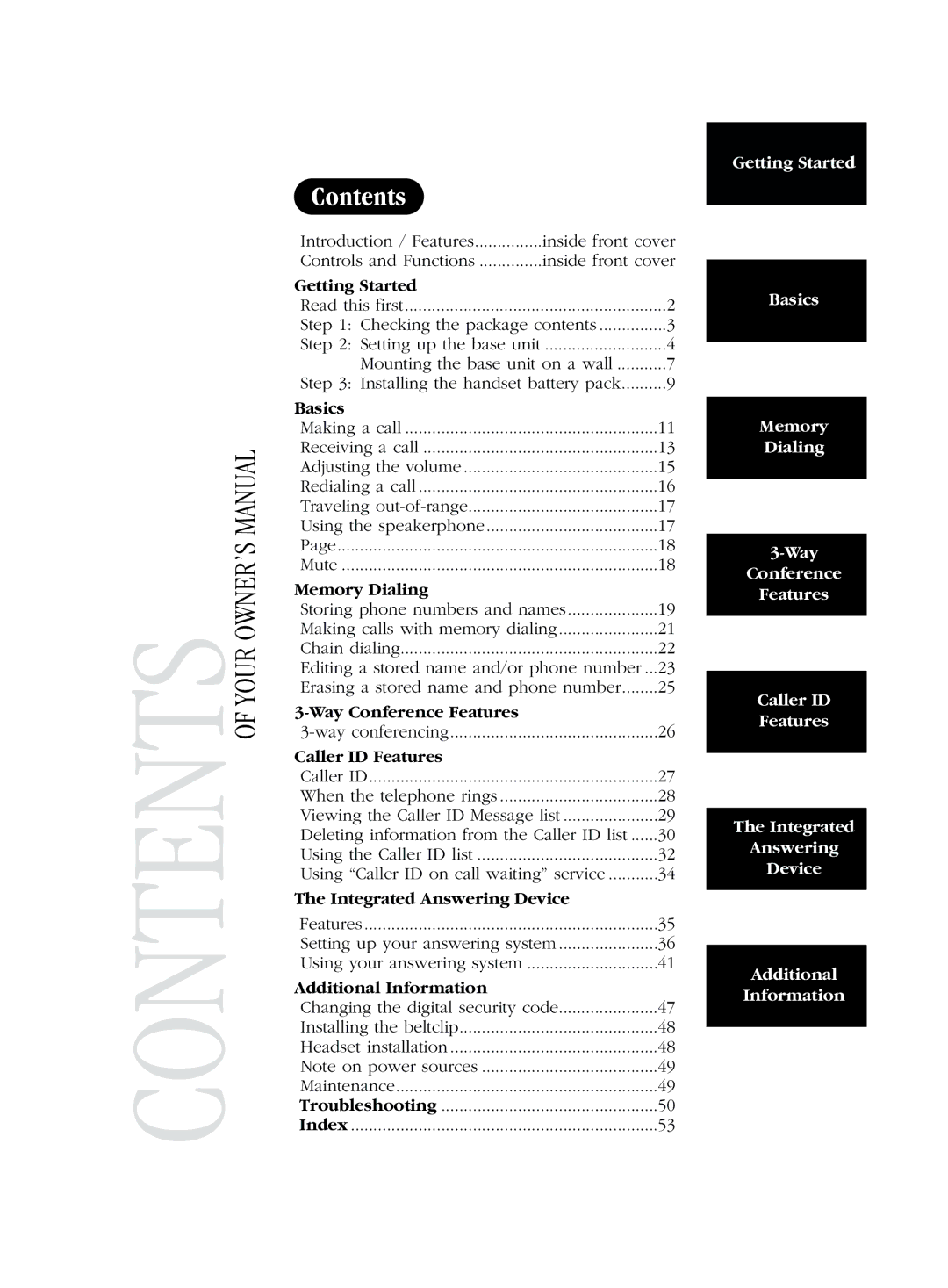 Uniden EXS 2080 manual Getting Started, Basics, Memory Dialing, Way Conference Features, Caller ID Features 