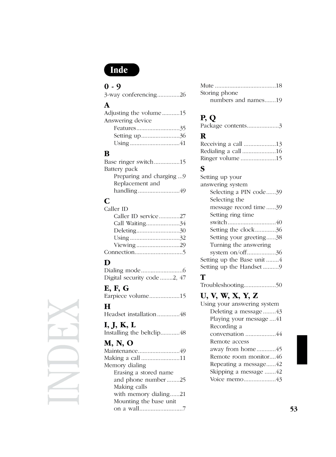 Uniden EXS 2080 manual K, L, W, X, Y, Z, Digital security code Earpiece volume Headset installation 