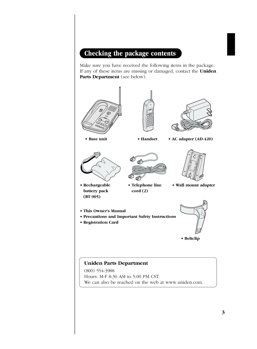 Uniden EXS 2080 manual Uniden Parts Department, Hours M-F 830 AM to 500 PM CST 