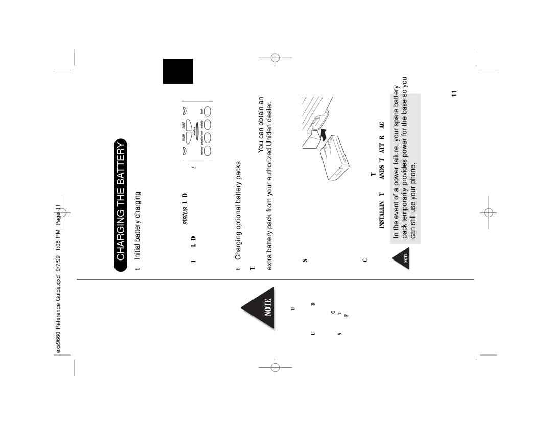 Uniden EXS 9660 manual Charging the Battery Pack, Initial battery charging, Charging optional battery packs 