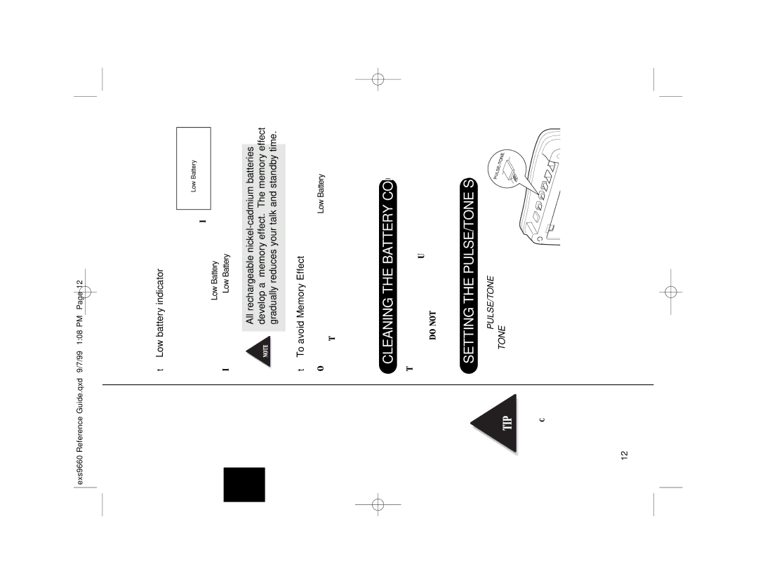 Uniden EXS 9660 manual Cleaning the Battery Contacts, Setting the PULSE/TONE Switch, Low battery indicator 