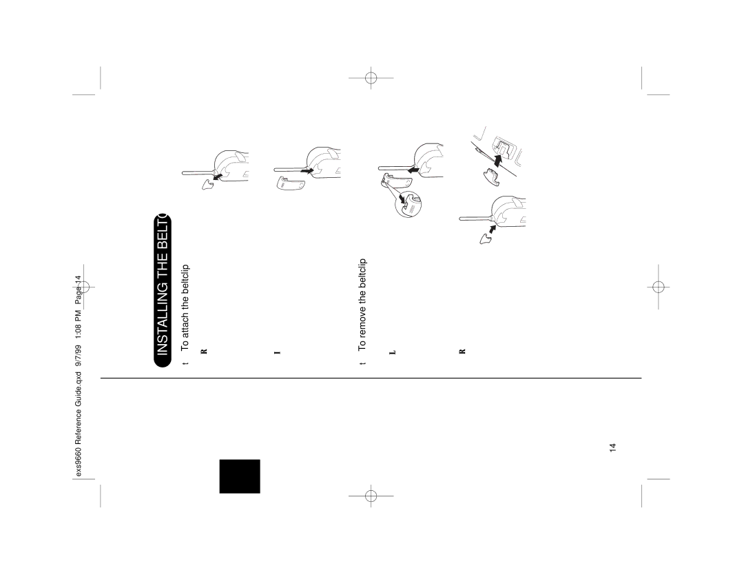 Uniden EXS 9660 manual Installing the Beltclip, To attach the beltclip, To remove the beltclip 