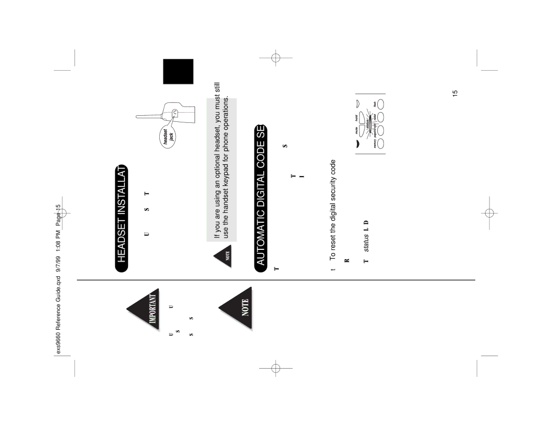 Uniden EXS 9660 manual Headset Installation, Automatic Digital Code Security, To reset the digital security code 