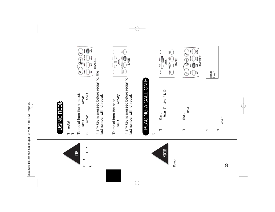 Uniden EXS 9660 manual Using Redial, Placing a Call on Hold, To redial from the handset, Press line 1, then press redial/p 