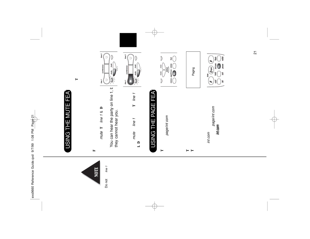 Uniden EXS 9660 Using the Mute Feature, Using the page Feature, You can hear the party on line 1, but they cannot hear you 