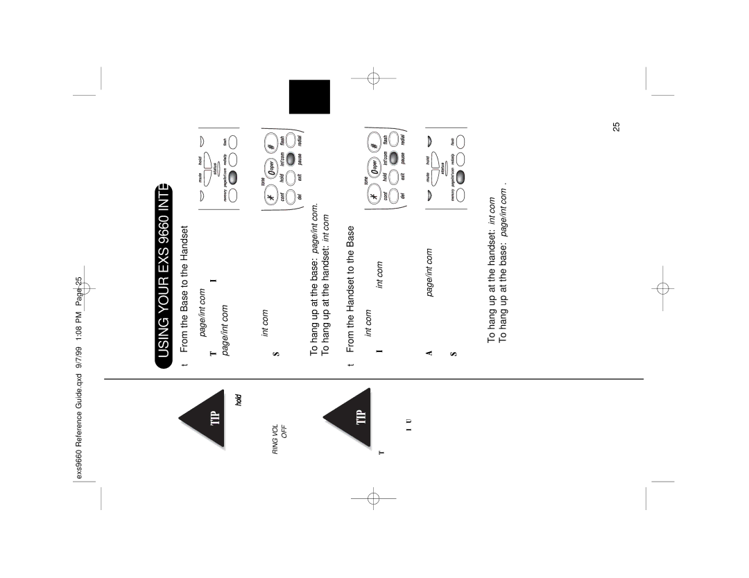 Uniden manual Using Your EXS 9660 Intercom, From the Base to the Handset, Press page/int’com on the base 