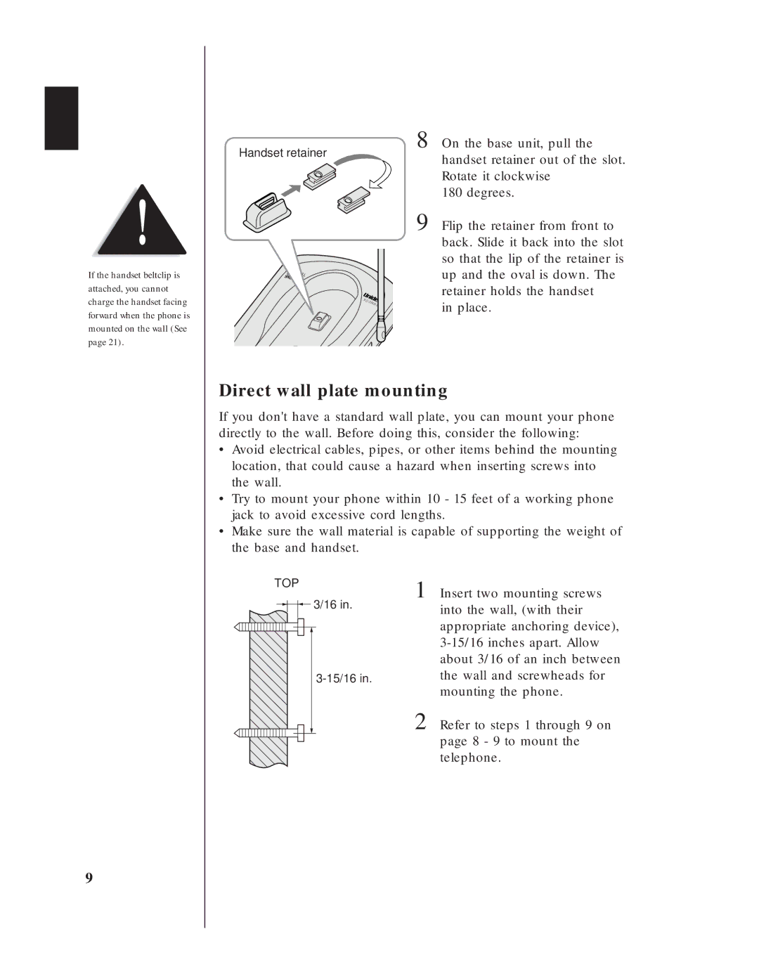 Uniden EXS 9910 manual Direct wall plate mounting 