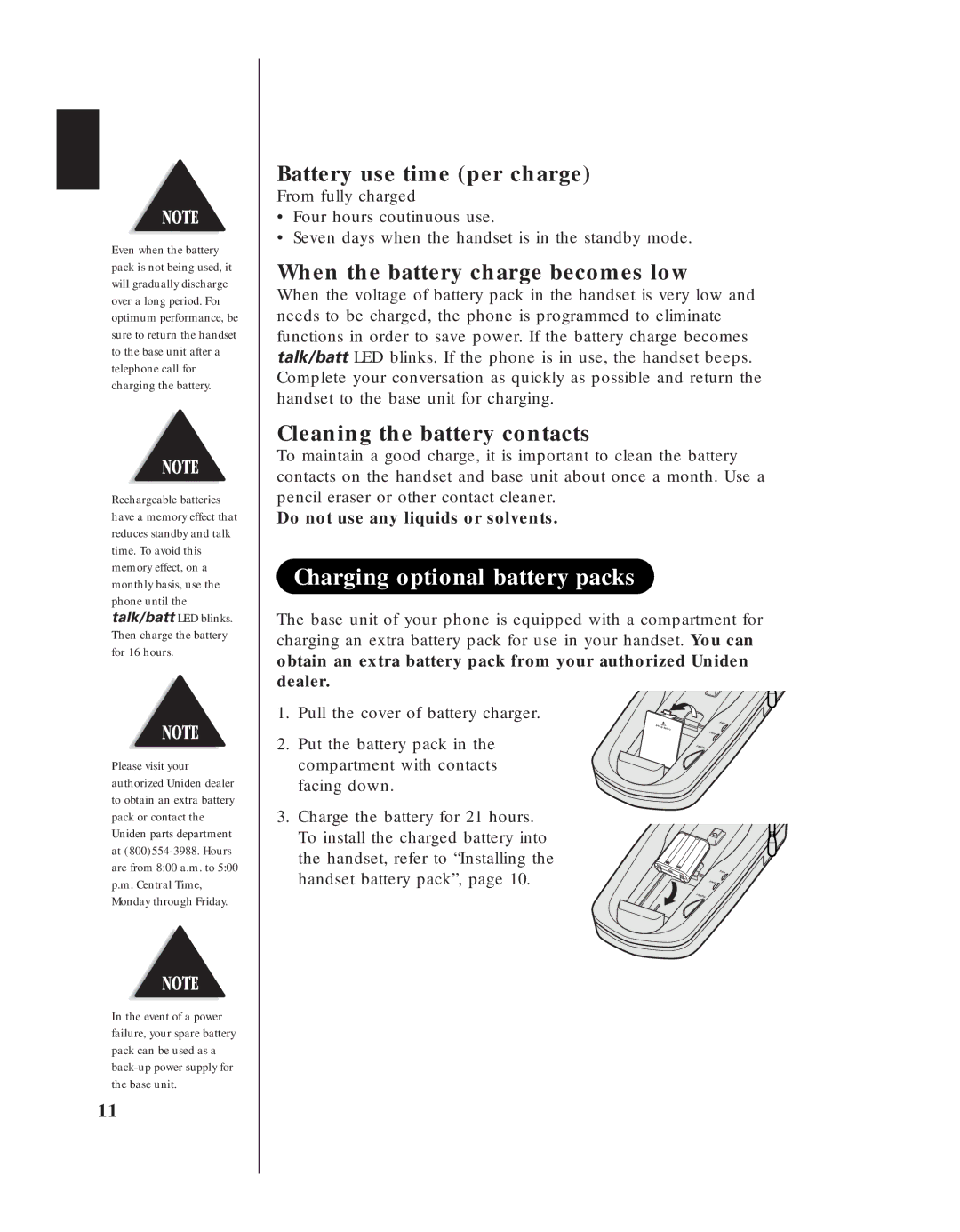 Uniden EXS 9910 manual Charging optional battery packs, Battery use time per charge, When the battery charge becomes low 