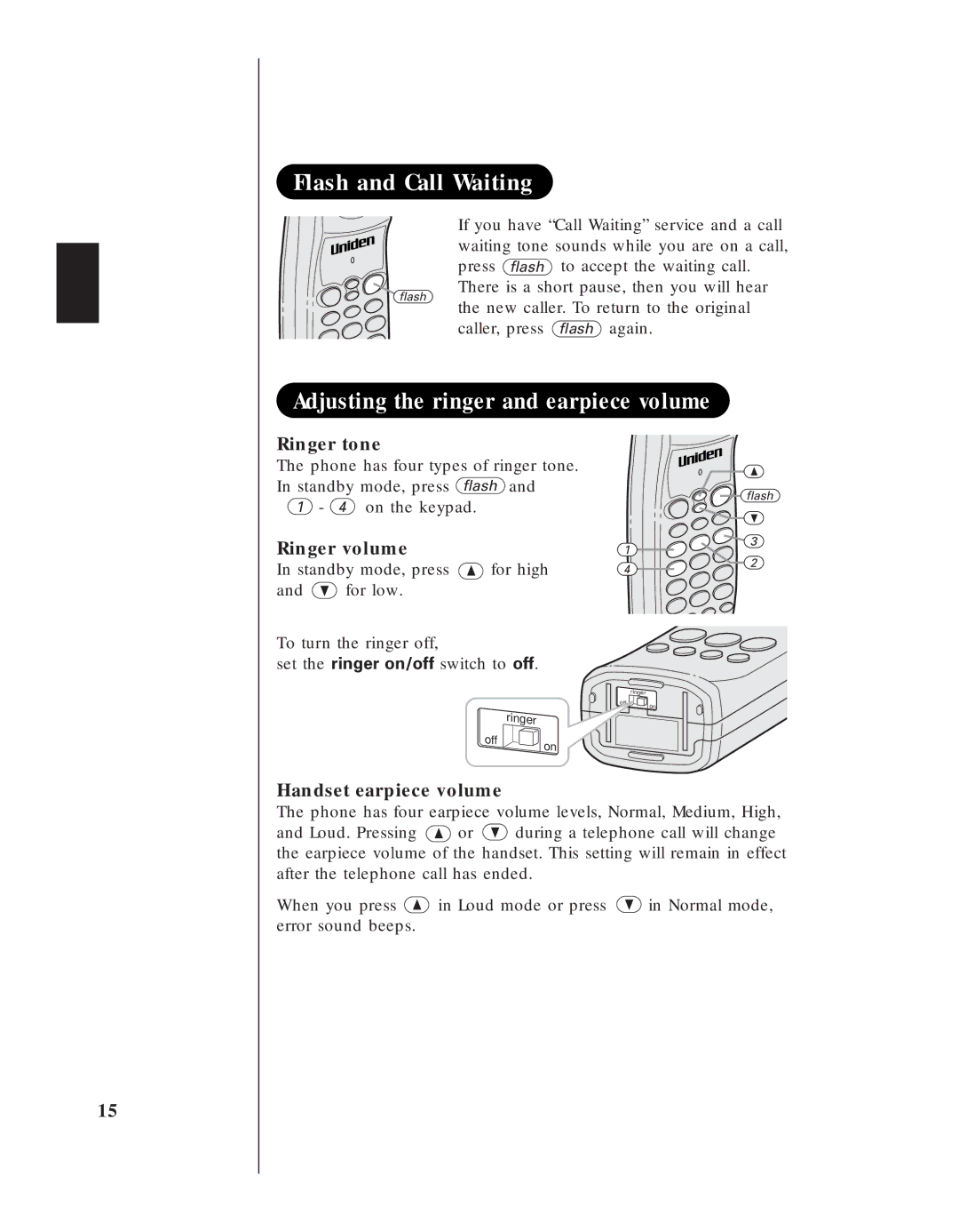 Uniden EXS 9910 manual Flash and Call Waiting, Adjusting the ringer and earpiece volume 