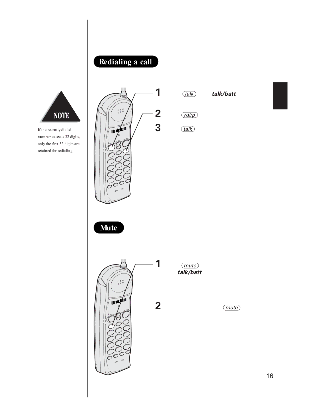 Uniden EXS 9910 manual Redialing a call, Mute 