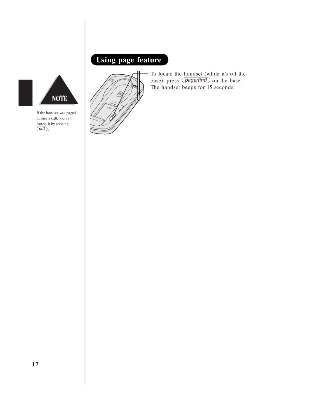 Uniden EXS 9910 manual Using page feature, To locate the handset while it’s off, Base, press page/find on the base 