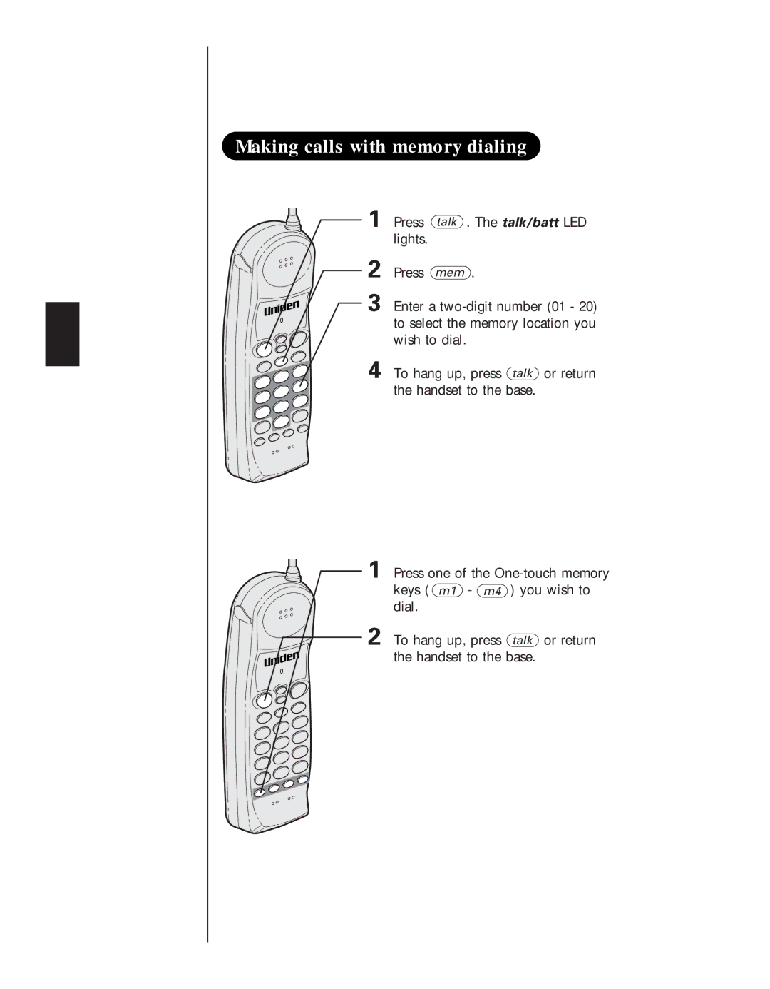 Uniden EXS 9910 manual Making calls with memory dialing Memory dialing, One-touch memory dialing 