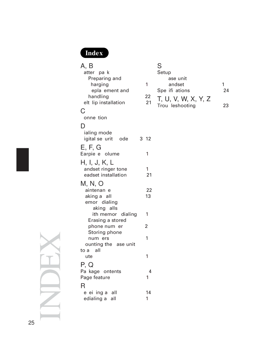 Uniden EXS 9910 manual Index, V, W, X, Y, Z, J, K, L 