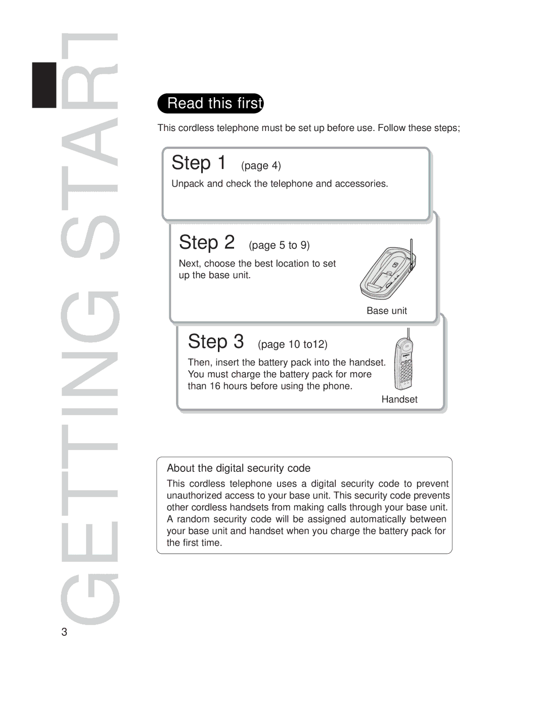 Uniden EXS 9910 manual Read this first, Base unit, Handset 