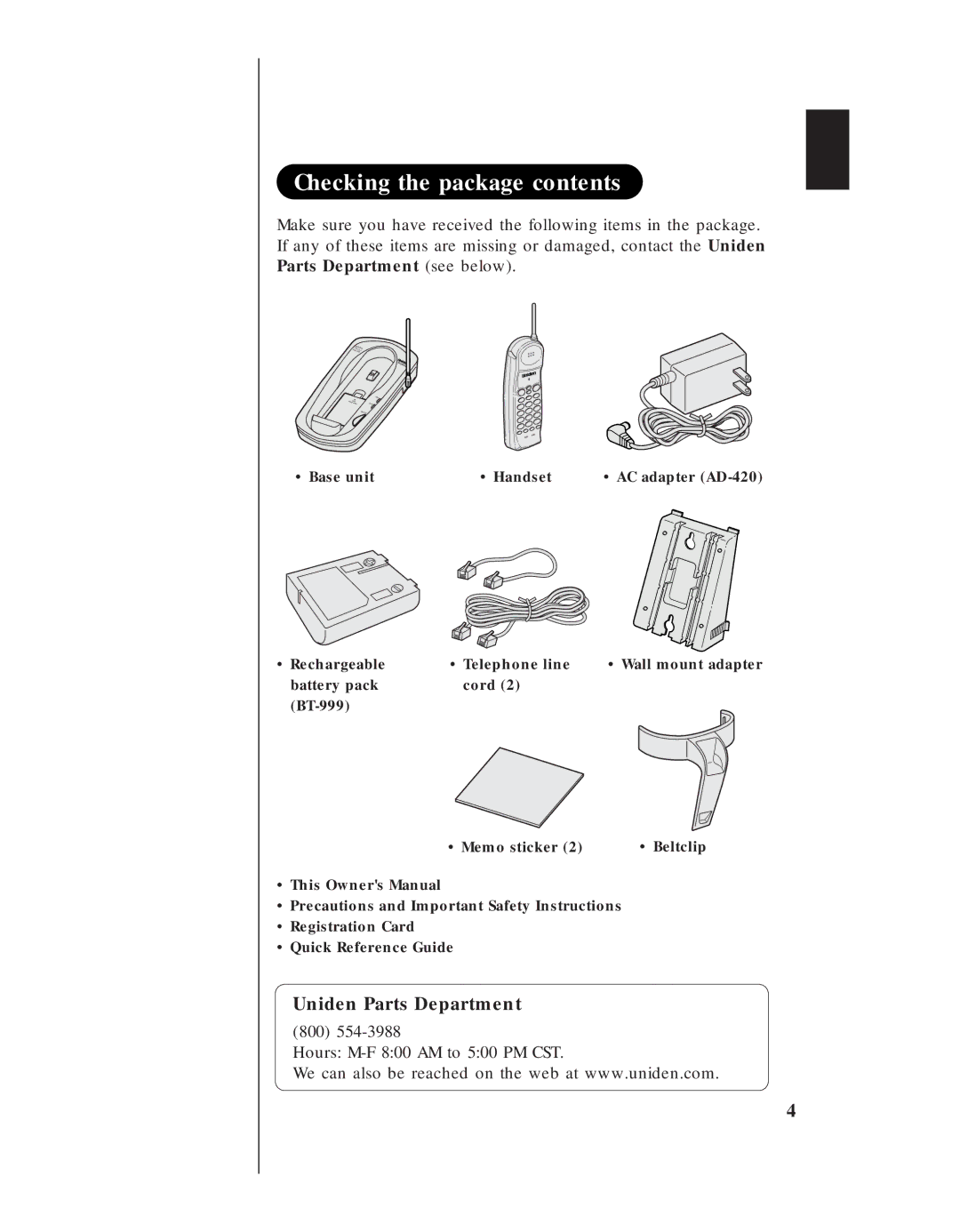 Uniden EXS 9910 manual Checking the package contents 