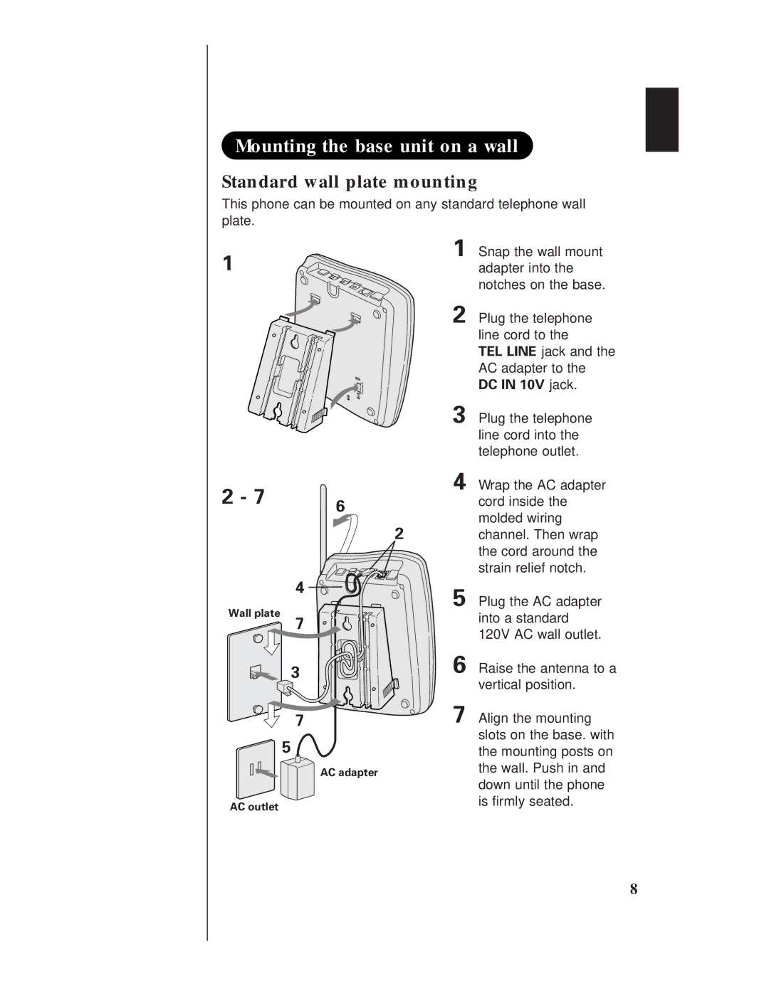 Uniden EXS 9950 manual Mounting the base unit on a wall, Standard wall plate mounting 