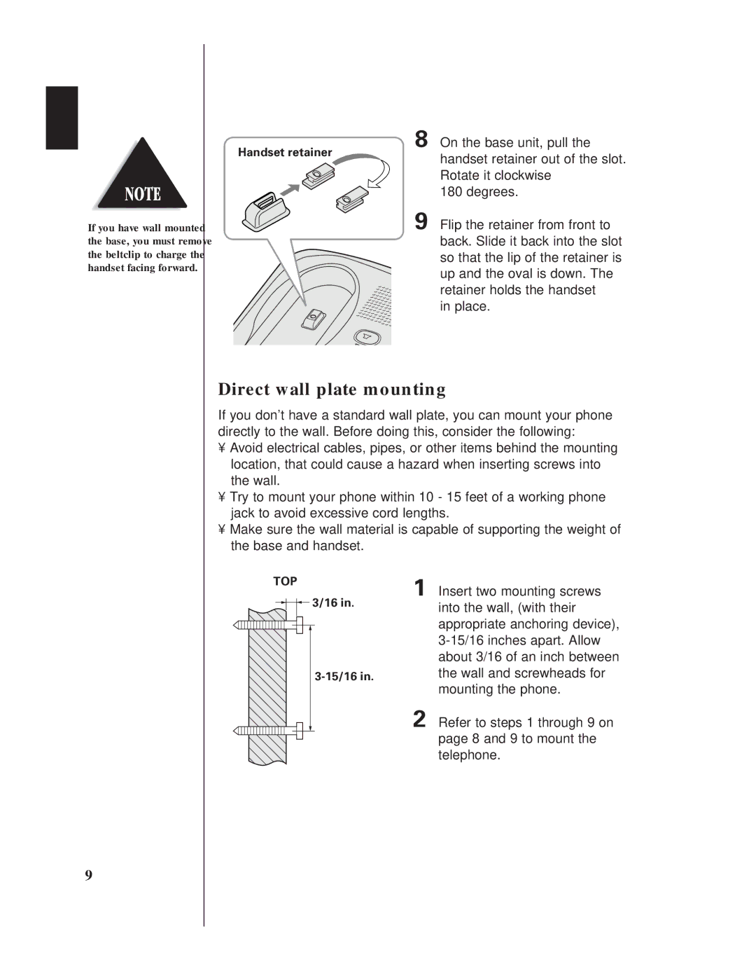 Uniden EXS 9950 manual Direct wall plate mounting 