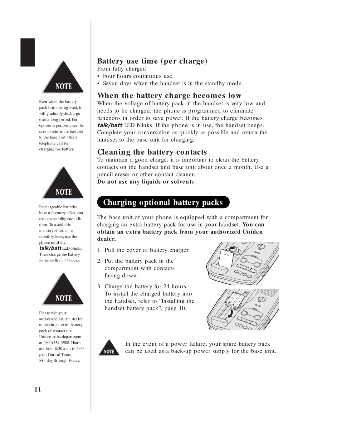 Uniden EXS 9950 manual Charging optional battery packs, Battery use time per charge, When the battery charge becomes low 