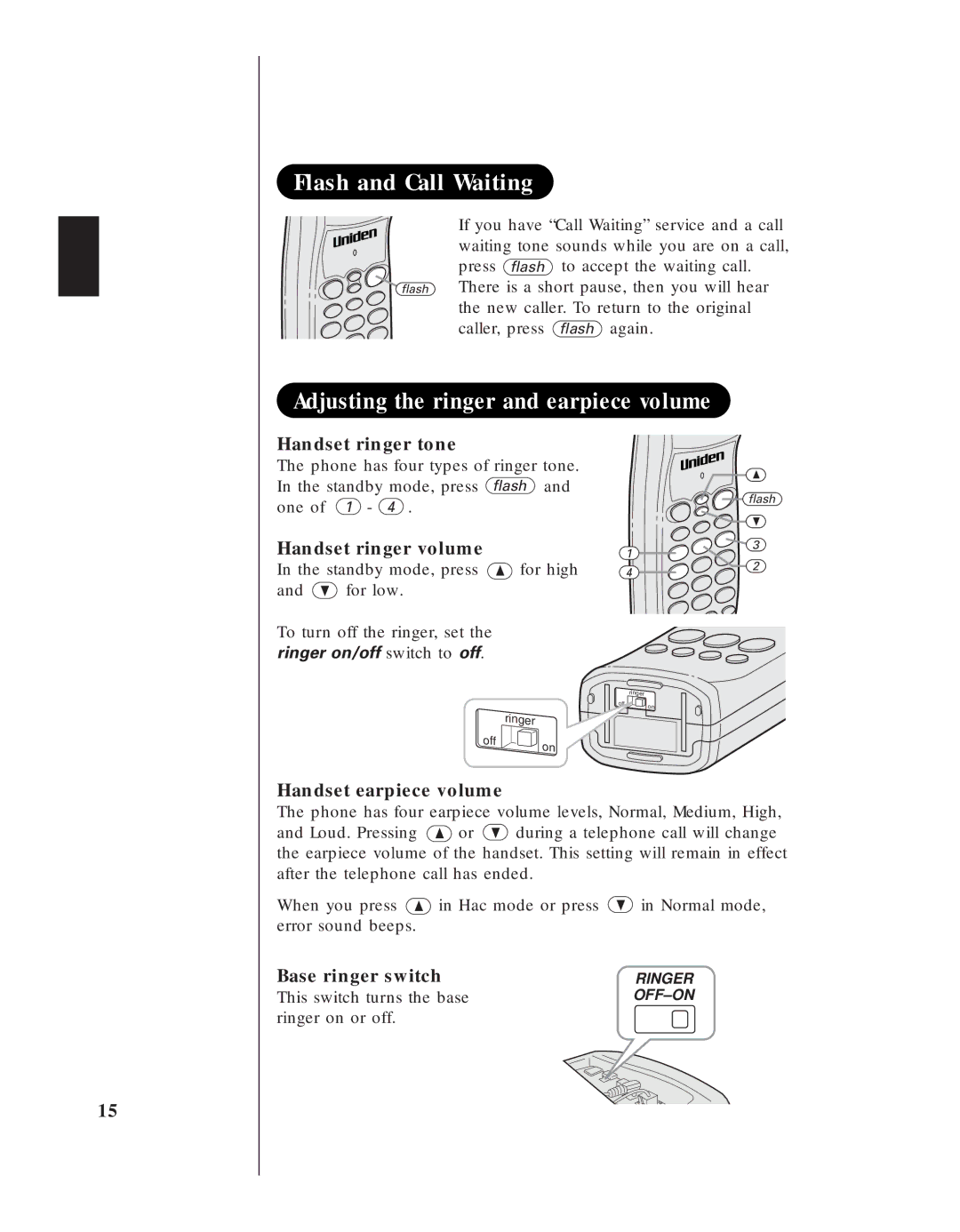 Uniden EXS 9950 manual Flash and Call Waiting, Adjusting the ringer and earpiece volume 