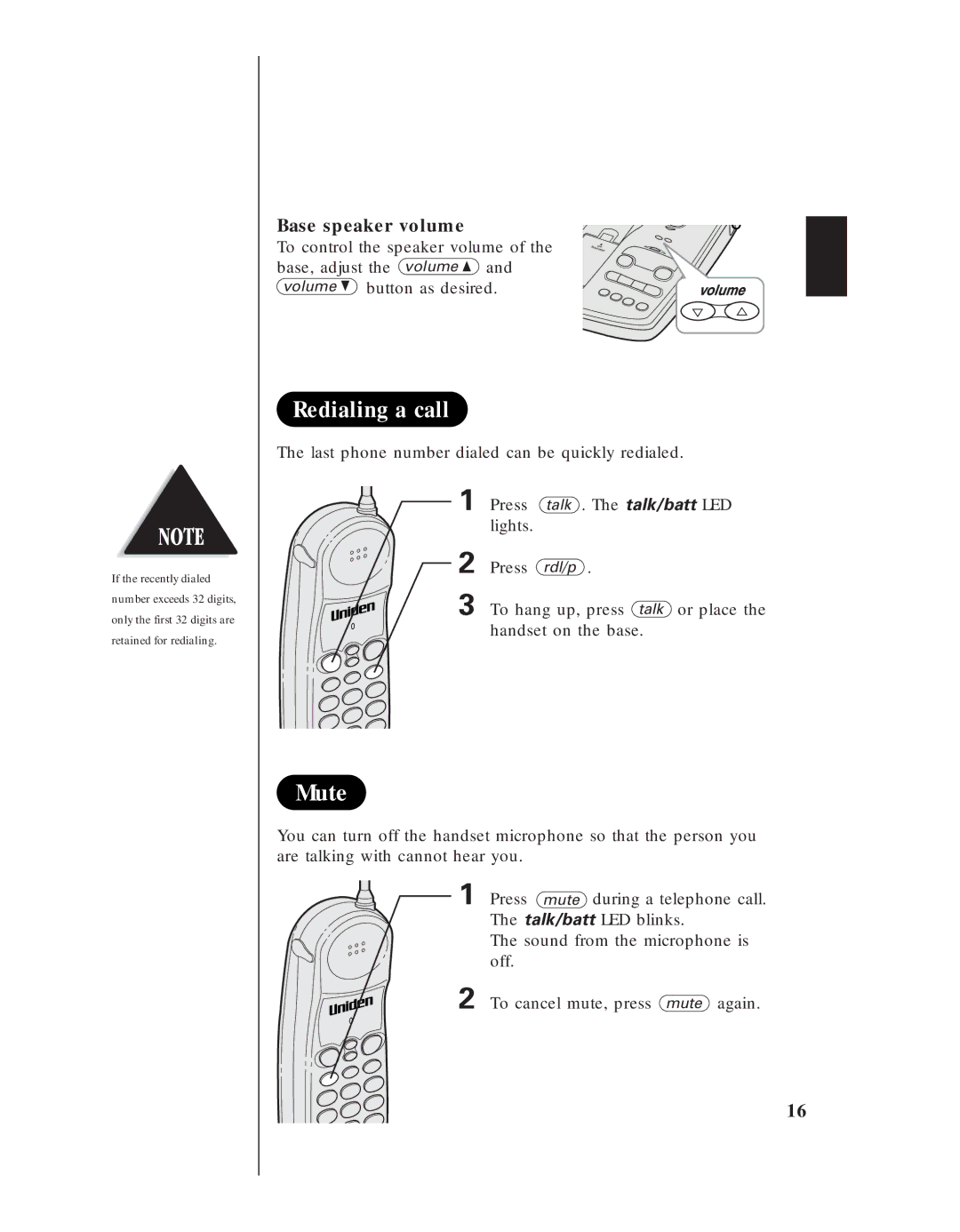 Uniden EXS 9950 manual Redialing a call, Mute 