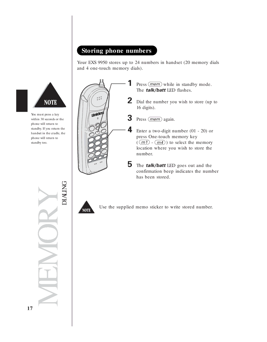 Uniden EXS 9950 manual Storing phone numbers 