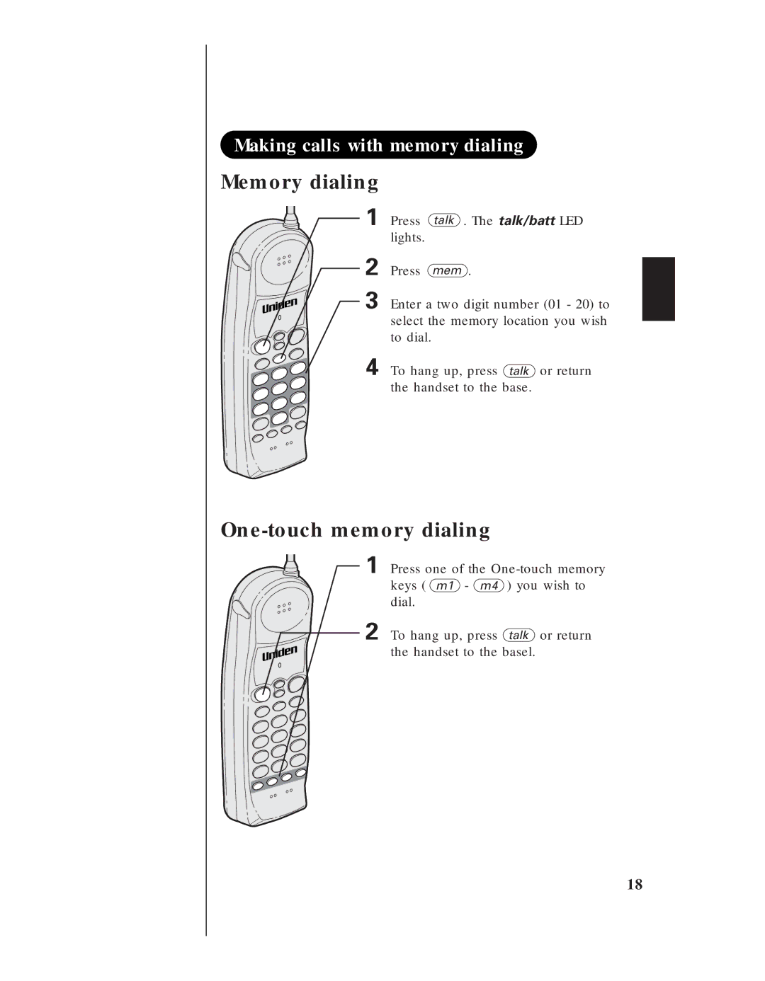 Uniden EXS 9950 manual Making calls with memory dialing Memory dialing, One-touch memory dialing 