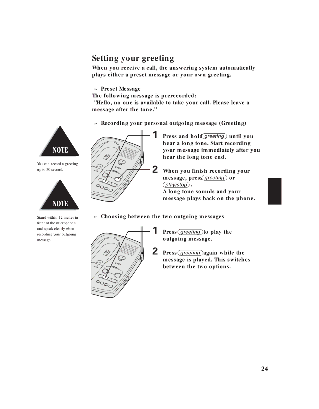 Uniden EXS 9950 manual Setting your greeting, » Preset Message, » Recording your personal outgoing message Greeting 