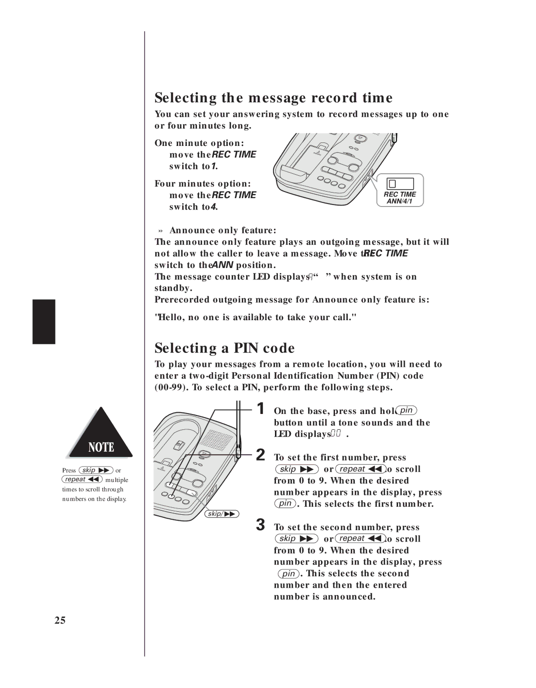 Uniden EXS 9950 manual Selecting the message record time, Selecting a PIN code, » Announce only feature 