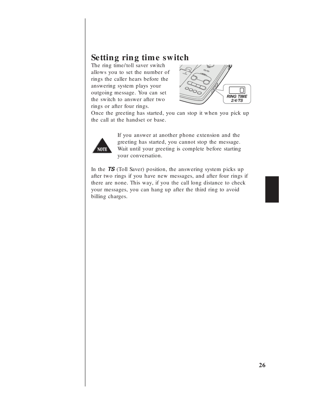 Uniden EXS 9950 manual Setting ring time switch, Ring time/toll saver switch Allows you to set the number 