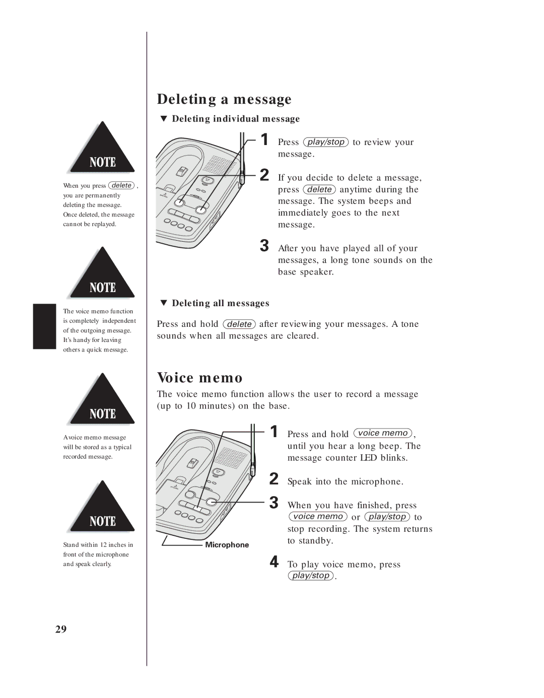 Uniden EXS 9950 manual Deleting a message, Voice memo, » Deleting individual message, » Deleting all messages 