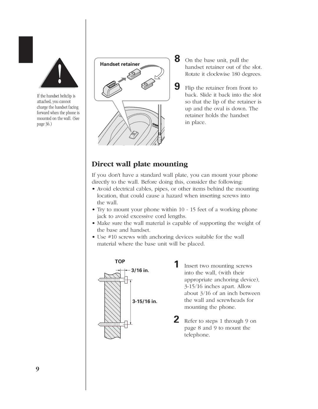 Uniden EXS 9960 manual Direct wall plate mounting 