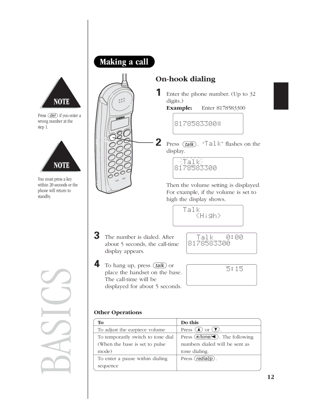 Uniden EXS 9960 manual Making a call, On-hook dialing, Example, Other Operations 